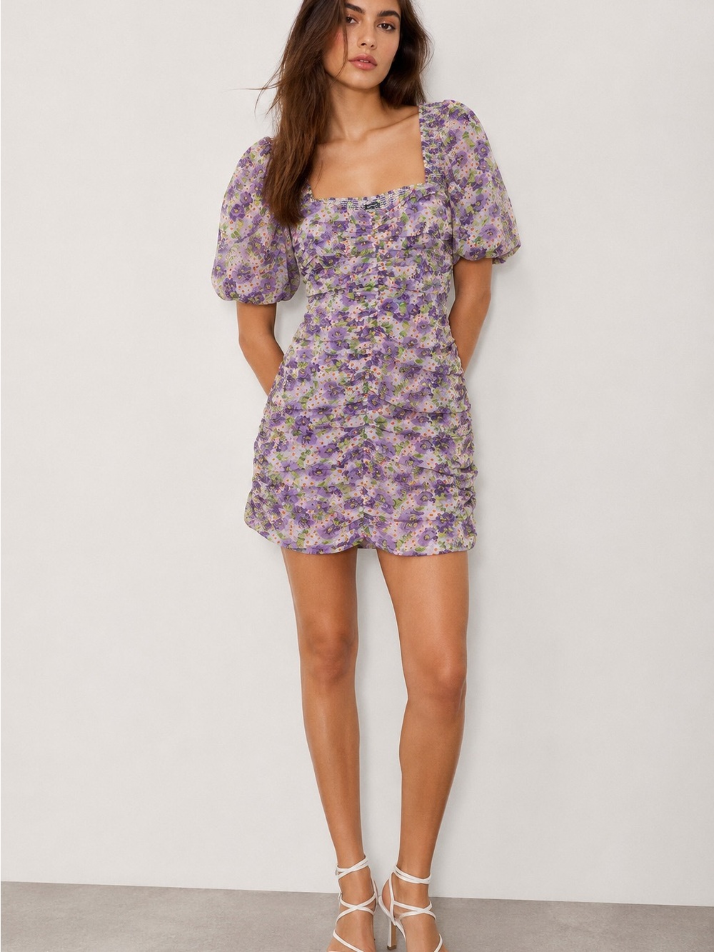 Zara Floral Ruched Puff Sleeve Mini Dress Size Large